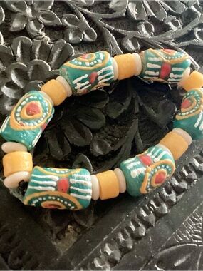 Artisan African Handmade Ceramic Glass Bead Elastic Bracelet. Blue Yellow